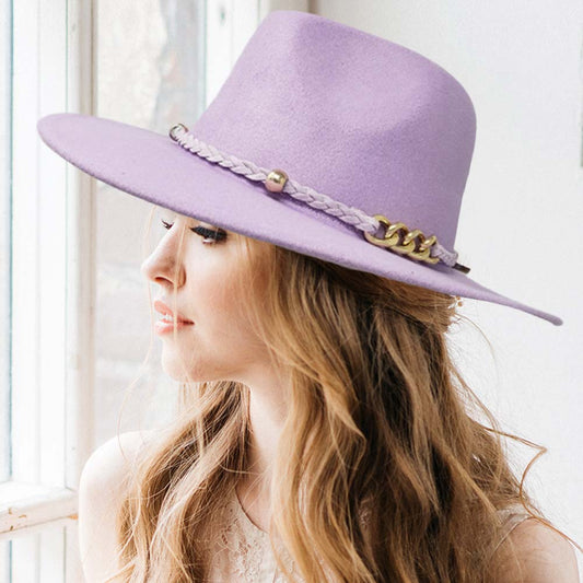 HATEGORY Braided Suede Linked Chain Band Solid Panama Hat