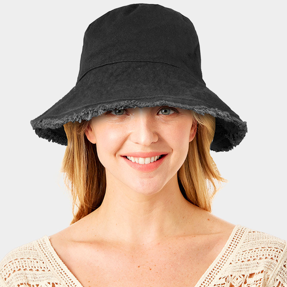 HATEGORY Wired Brim Frayed Edge Solid Bucket Hat