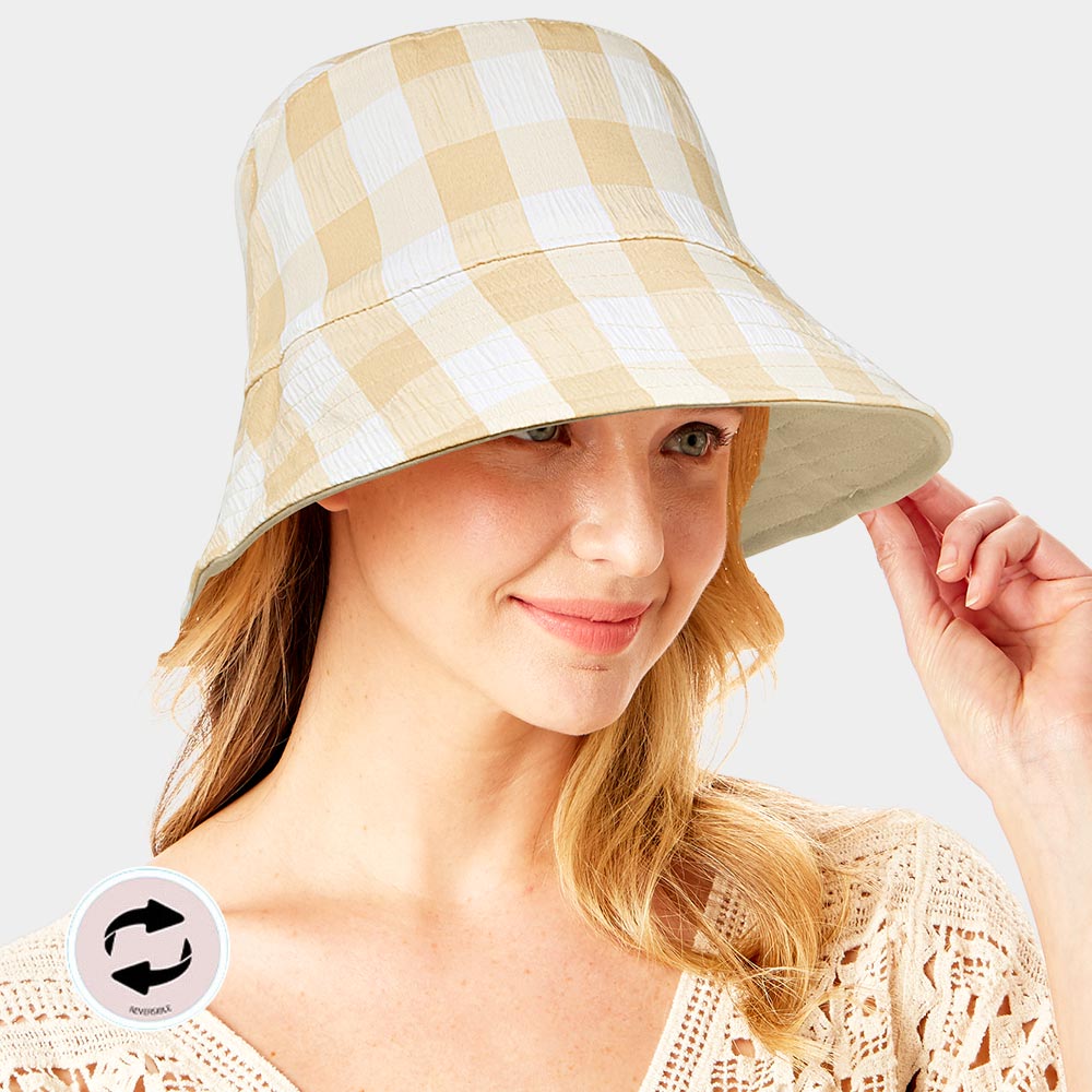 HATEGORY Wired Brim Plaid Check Patterned Reversible Bucket Hat