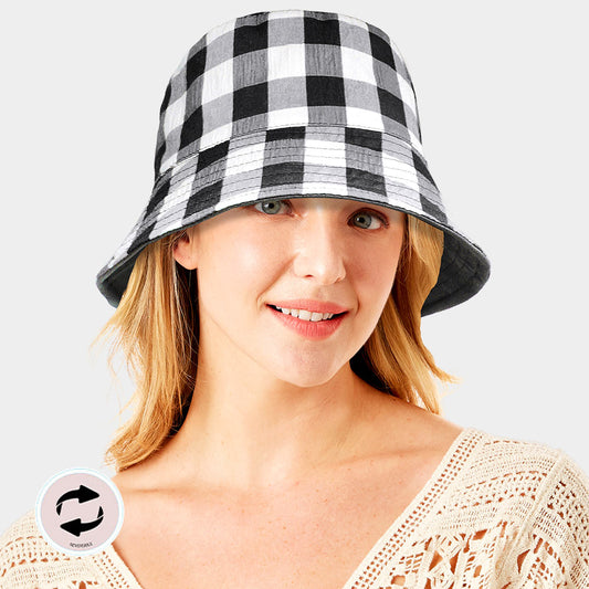 HATEGORY Wired Brim Plaid Check Patterned Reversible Bucket Hat