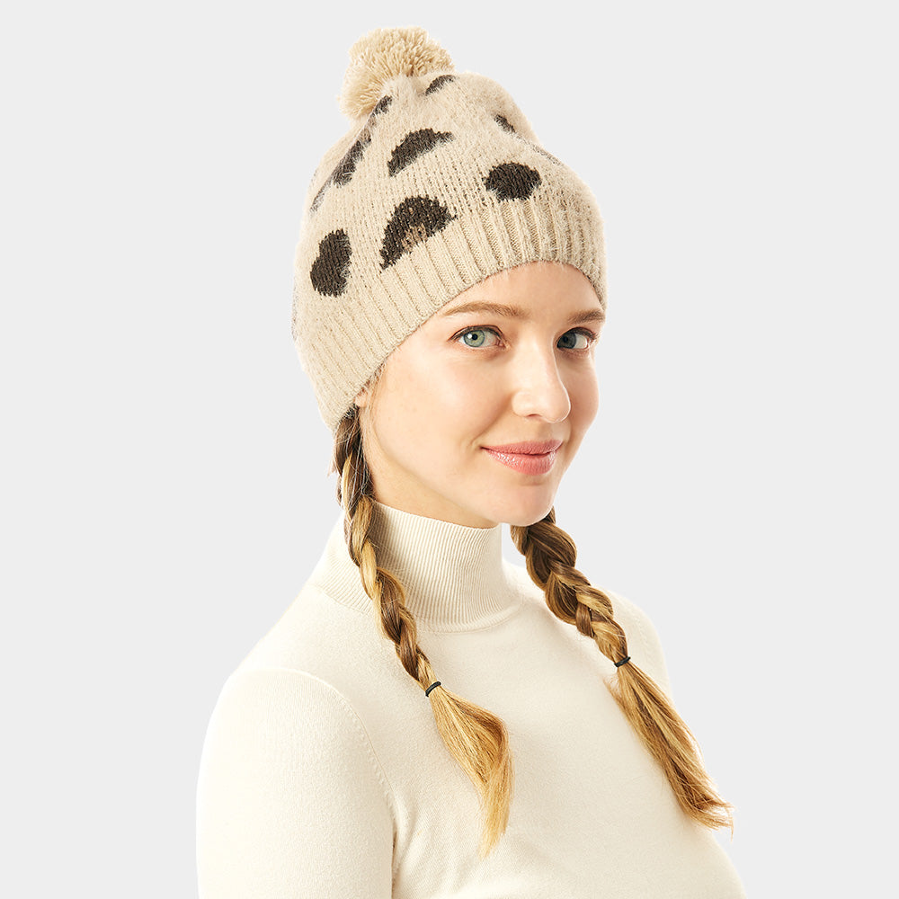 HATEGORY Soft Fuzzy Leopard Print Beanie Hat With Pom Pom