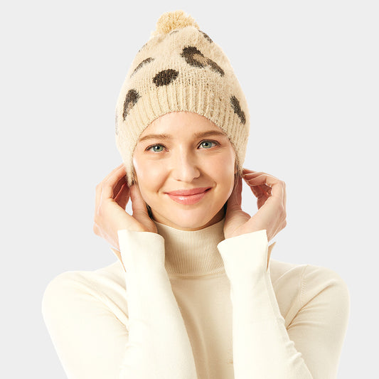 HATEGORY Soft Fuzzy Leopard Print Beanie Hat With Pom Pom