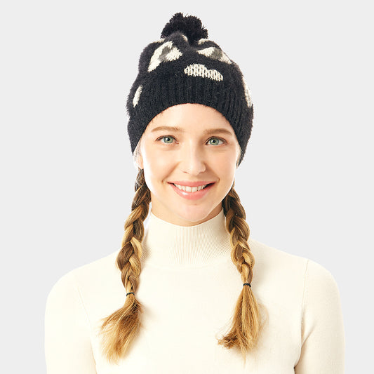 HATEGORY Soft Fuzzy Leopard Print Beanie Hat With Pom Pom