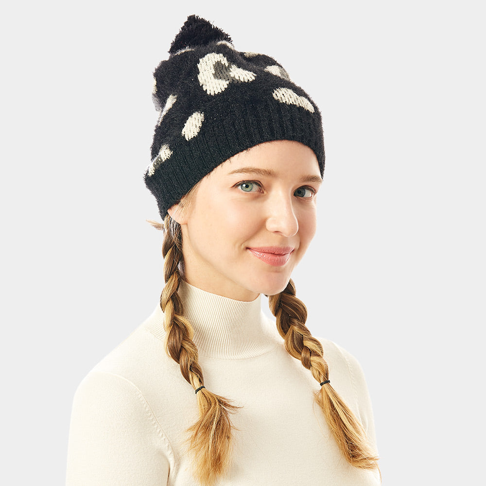 HATEGORY Soft Fuzzy Leopard Print Beanie Hat With Pom Pom