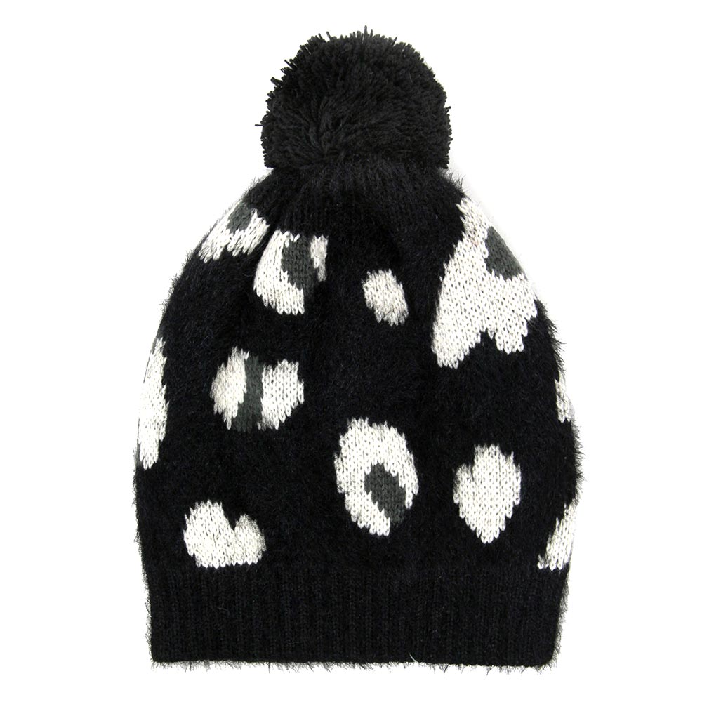 HATEGORY Soft Fuzzy Leopard Print Beanie Hat With Pom Pom