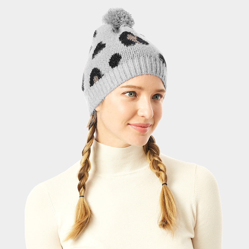 HATEGORY Soft Fuzzy Leopard Print Beanie Hat With Pom Pom