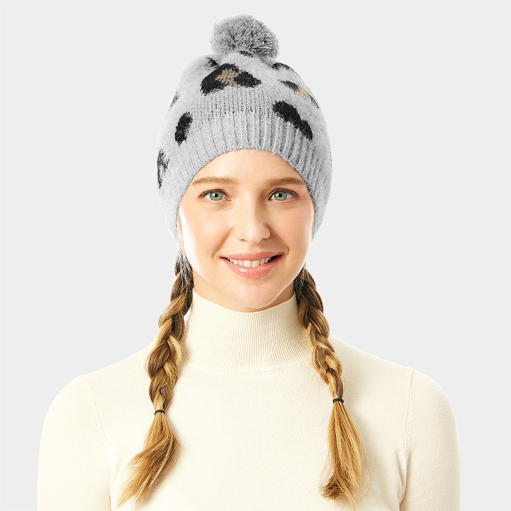 HATEGORY Soft Fuzzy Leopard Print Beanie Hat With Pom Pom