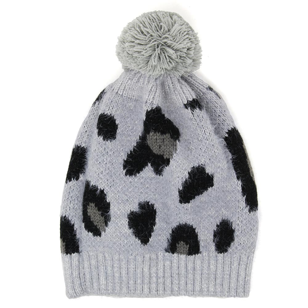 HATEGORY Soft Fuzzy Leopard Print Beanie Hat With Pom Pom