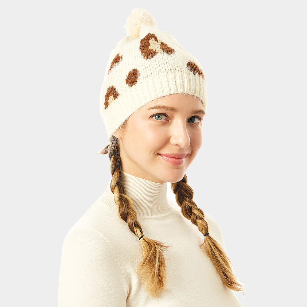HATEGORY Soft Fuzzy Leopard Print Beanie Hat With Pom Pom