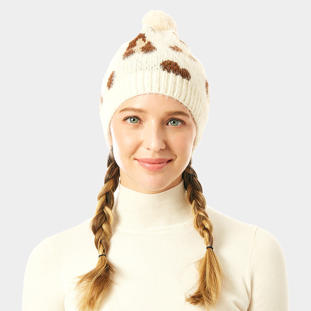 HATEGORY Soft Fuzzy Leopard Print Beanie Hat With Pom Pom
