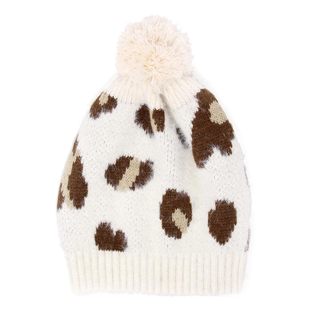 HATEGORY Soft Fuzzy Leopard Print Beanie Hat With Pom Pom