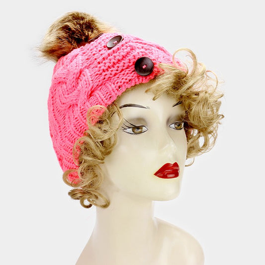 HATEGORY Triple button cable knit pom pom beanie hat