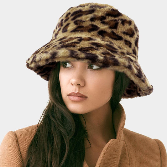 HATEGORY Leopard Patterned Soft Faux Fur Bucket Hat