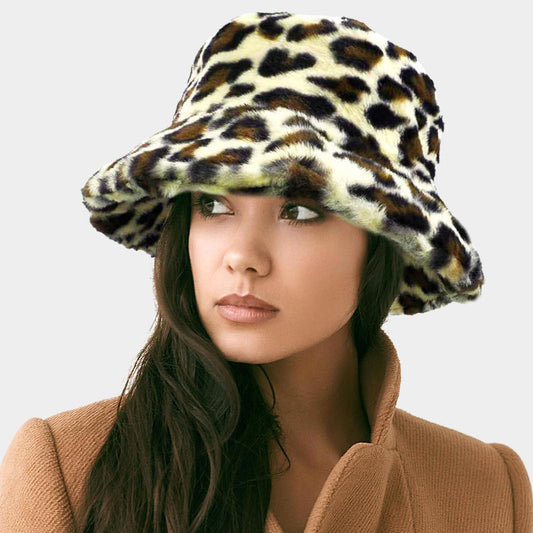 HATEGORY Leopard Patterned Soft Faux Fur Bucket Hat