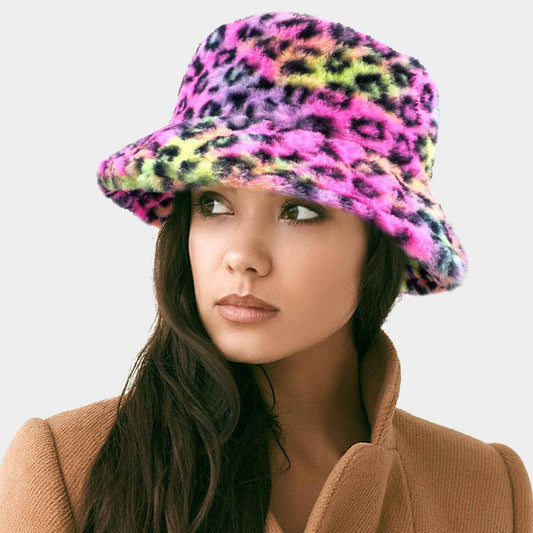 HATEGORY Leopard Patterned Soft Faux Fur Bucket Hat