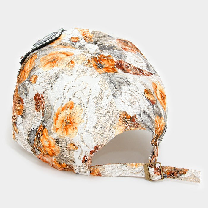 HATEGORY "Love" crystal studded flower print baseball cap