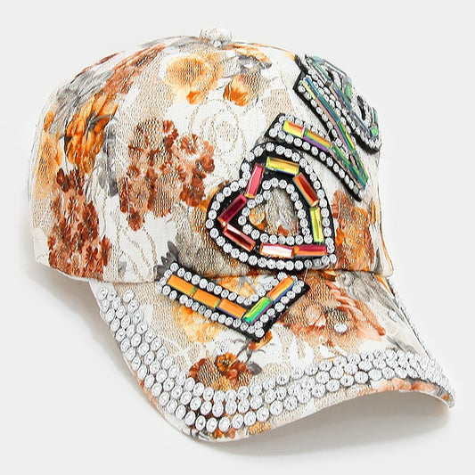 HATEGORY "Love" crystal studded flower print baseball cap