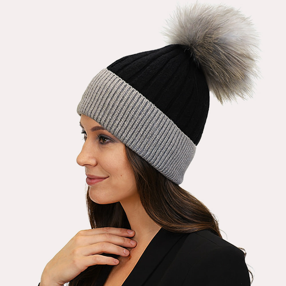 HATEGORY Two Tone Real Fur Pom Knit Winter Beanie Hat