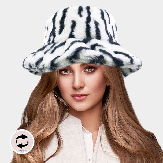 HATEGORY Reversible Zebra Patterned Soft Faux Fur Bucket Hat