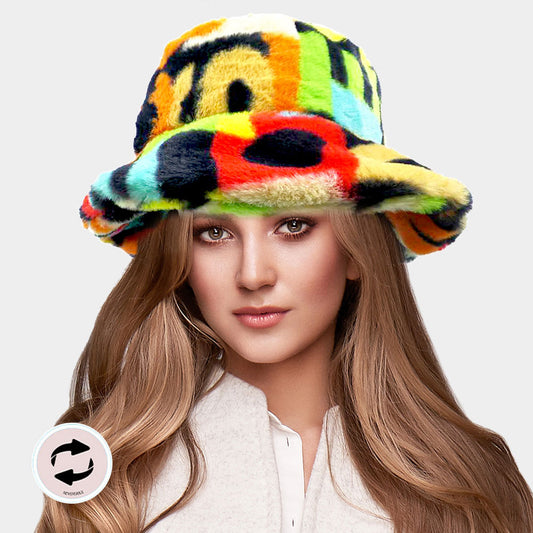 HATEGORY Reversible Colorful Soft Faux Fur Bucket Hat