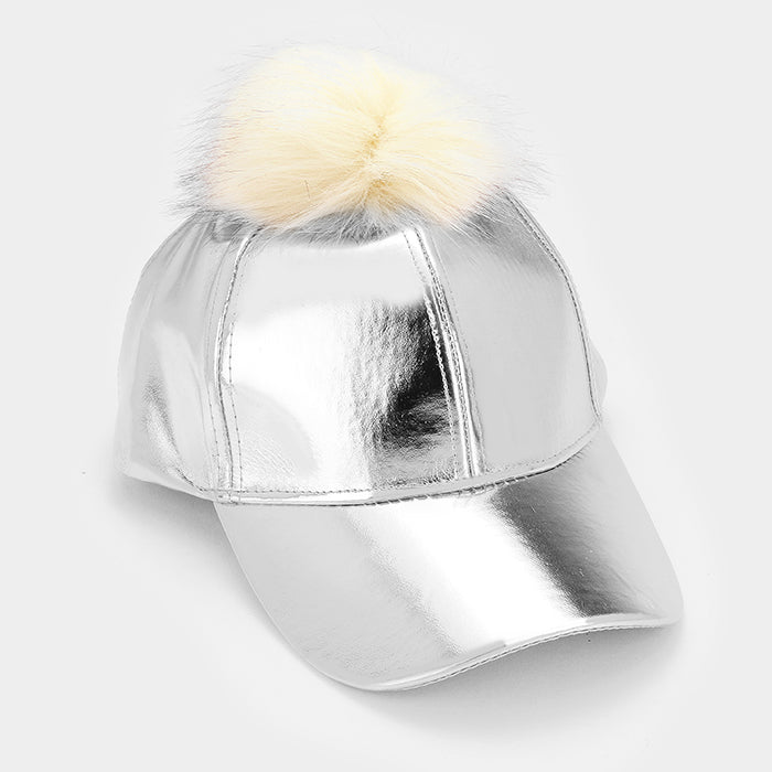 HATEGORY Furry pom pom metallic faux leather baseball cap
