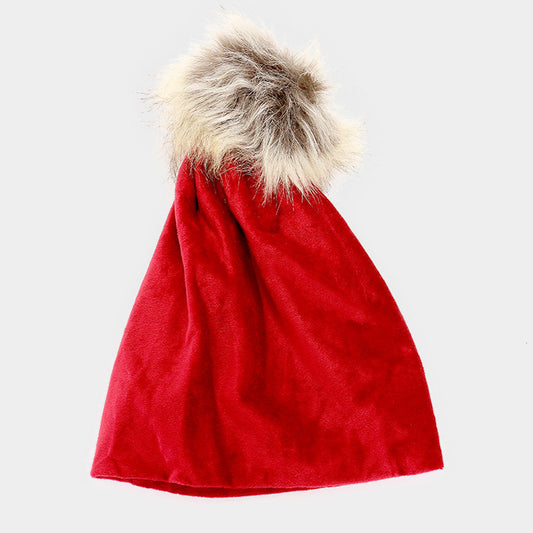 HATEGORY Solid Faux Fur Pom Pom Beanie