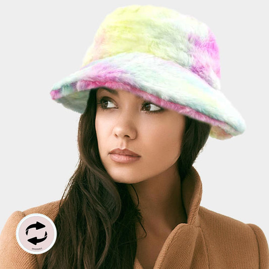HATEGORY Reversible Colorful Soft Faux Fur Bucket Hat