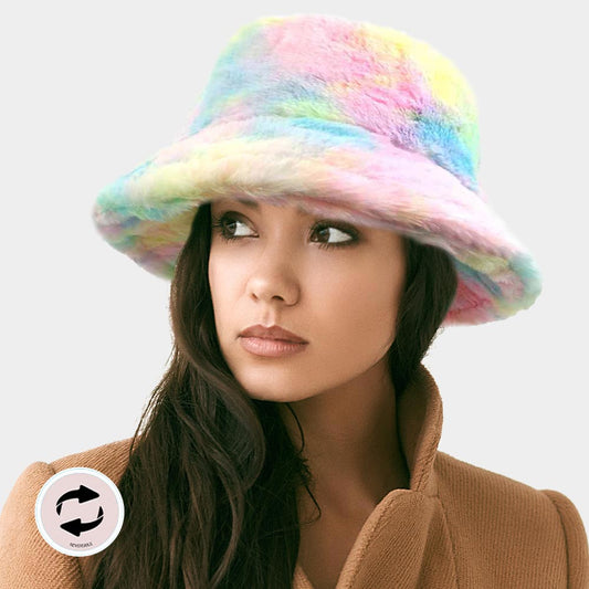 HATEGORY Reversible Colorful Soft Faux Fur Bucket Hat