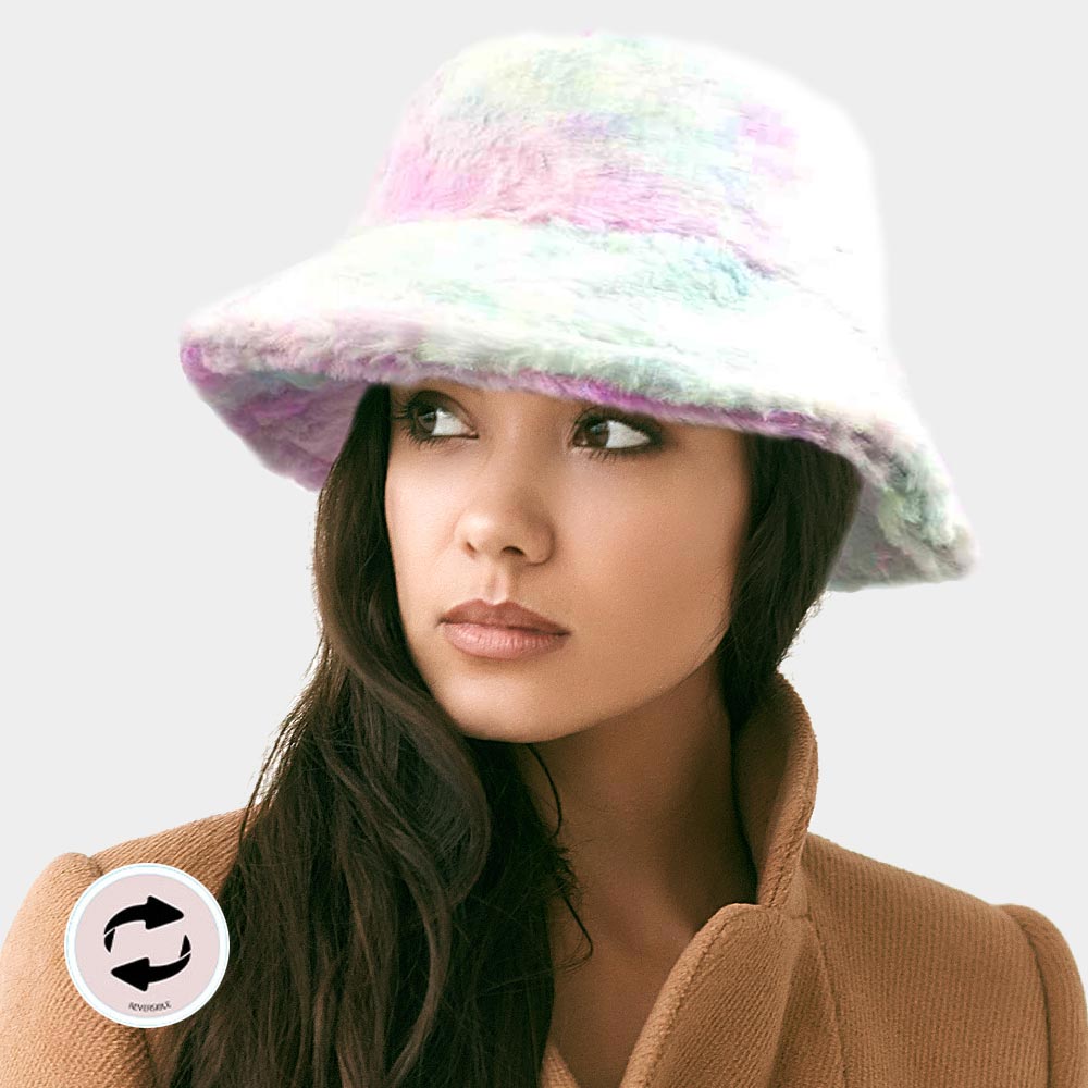 HATEGORY Reversible Colorful Soft Faux Fur Bucket Hat