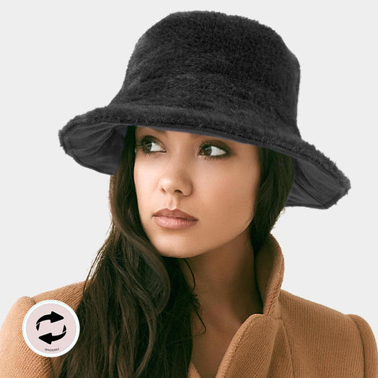 HATEGORY Reversible Solid Soft Faux Fur Bucket Hat