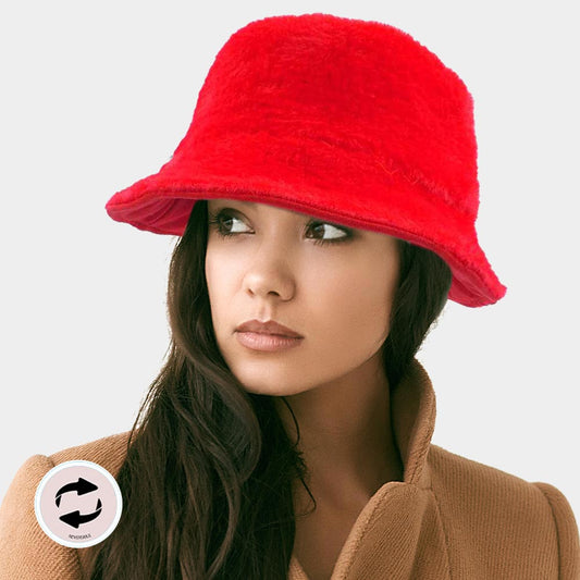 HATEGORY Reversible Solid Soft Faux Fur Bucket Hat