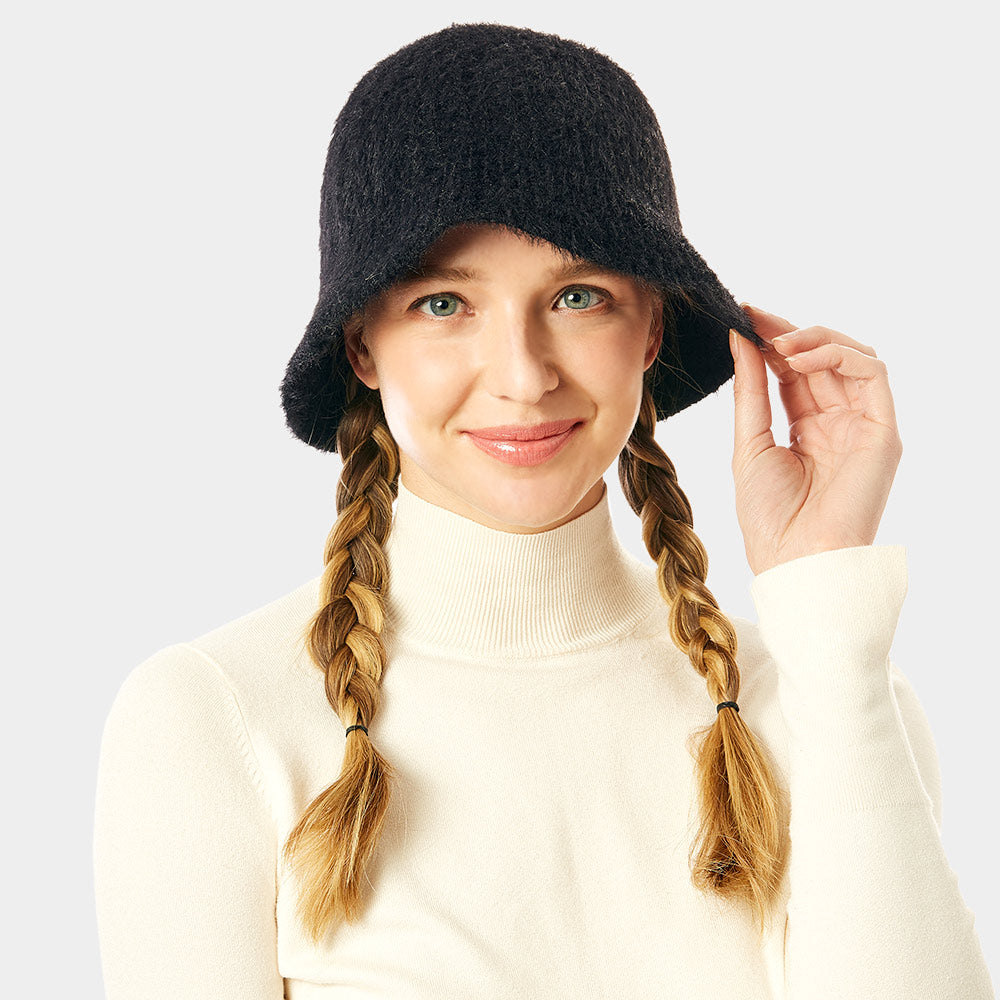 HATEGORY Soft Cable Knit Solid Bucket Hat