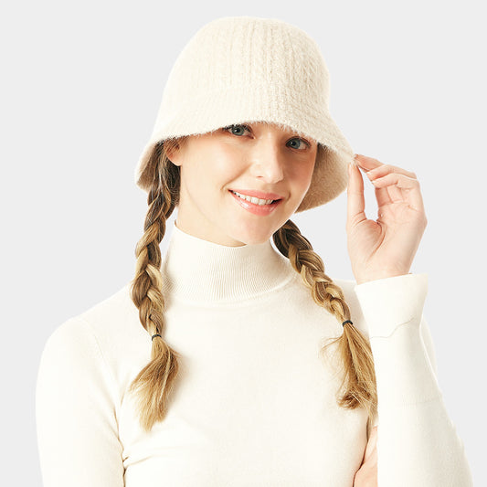 HATEGORY Soft Cable Knit Solid Bucket Hat