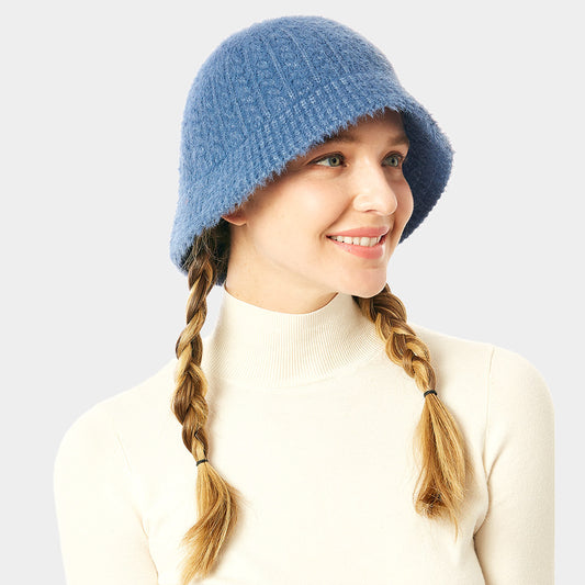 HATEGORY Soft Cable Knit Solid Bucket Hat