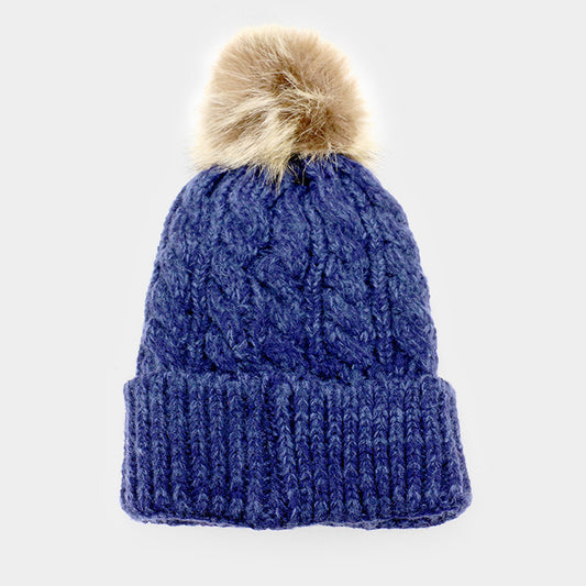 HATEGORY Soft Cable Knit Faux Pom Pom Beanie Hat