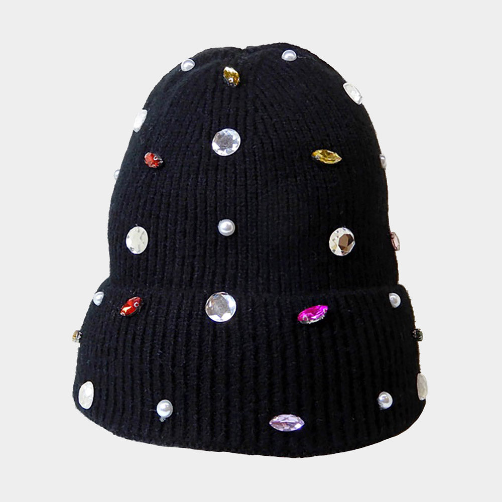 HATEGORY Pearl Jewel Embellished Fleece Lining Knit Beanie Hat
