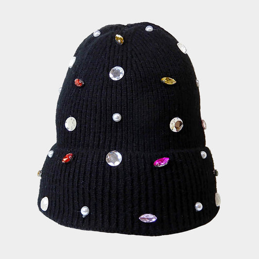 HATEGORY Pearl Jewel Embellished Fleece Lining Knit Beanie Hat