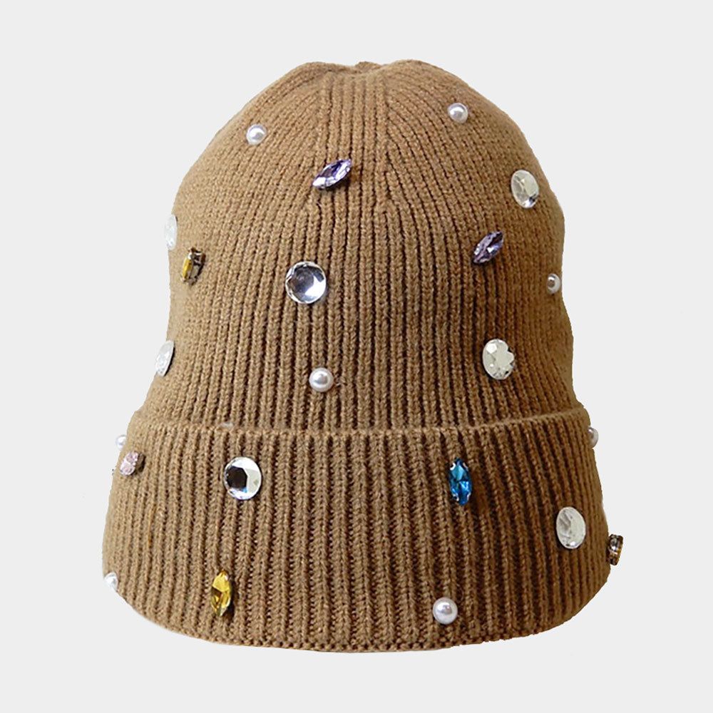 HATEGORY Pearl Jewel Embellished Fleece Lining Knit Beanie Hat