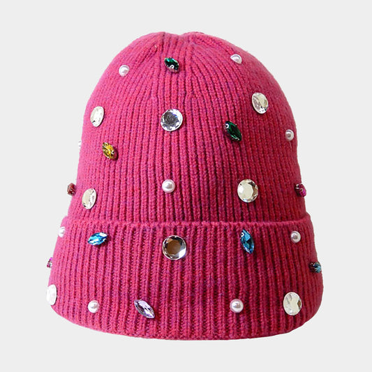 HATEGORY Pearl Jewel Embellished Fleece Lining Knit Beanie Hat