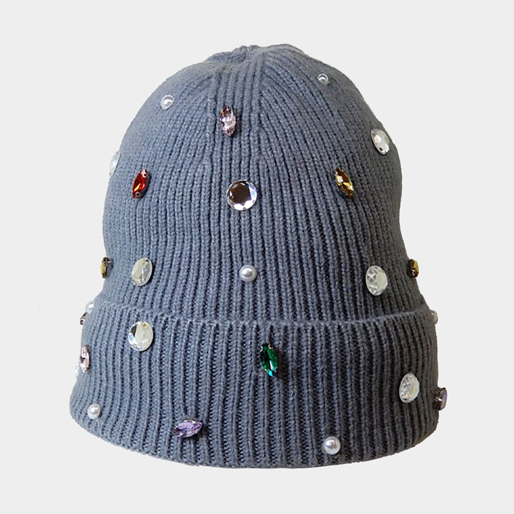 HATEGORY Pearl Jewel Embellished Fleece Lining Knit Beanie Hat