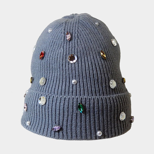 HATEGORY Pearl Jewel Embellished Fleece Lining Knit Beanie Hat