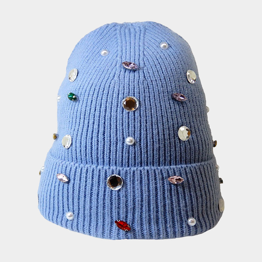 HATEGORY Pearl Jewel Embellished Fleece Lining Knit Beanie Hat