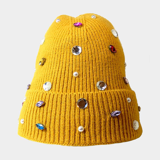 HATEGORY Pearl Jewel Embellished Fleece Lining Knit Beanie Hat