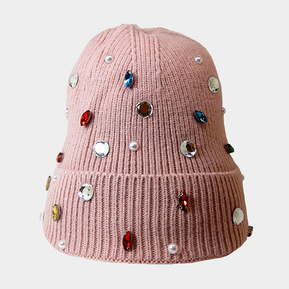 HATEGORY Pearl Jewel Embellished Fleece Lining Knit Beanie Hat
