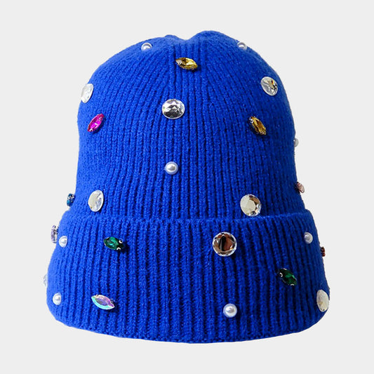 HATEGORY Pearl Jewel Embellished Fleece Lining Knit Beanie Hat