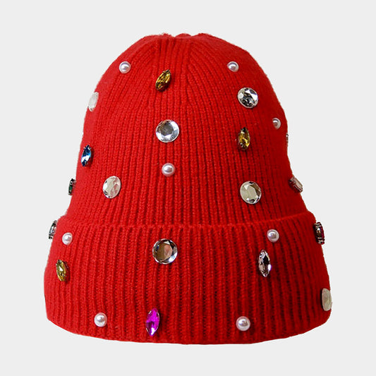 HATEGORY Pearl Jewel Embellished Fleece Lining Knit Beanie Hat