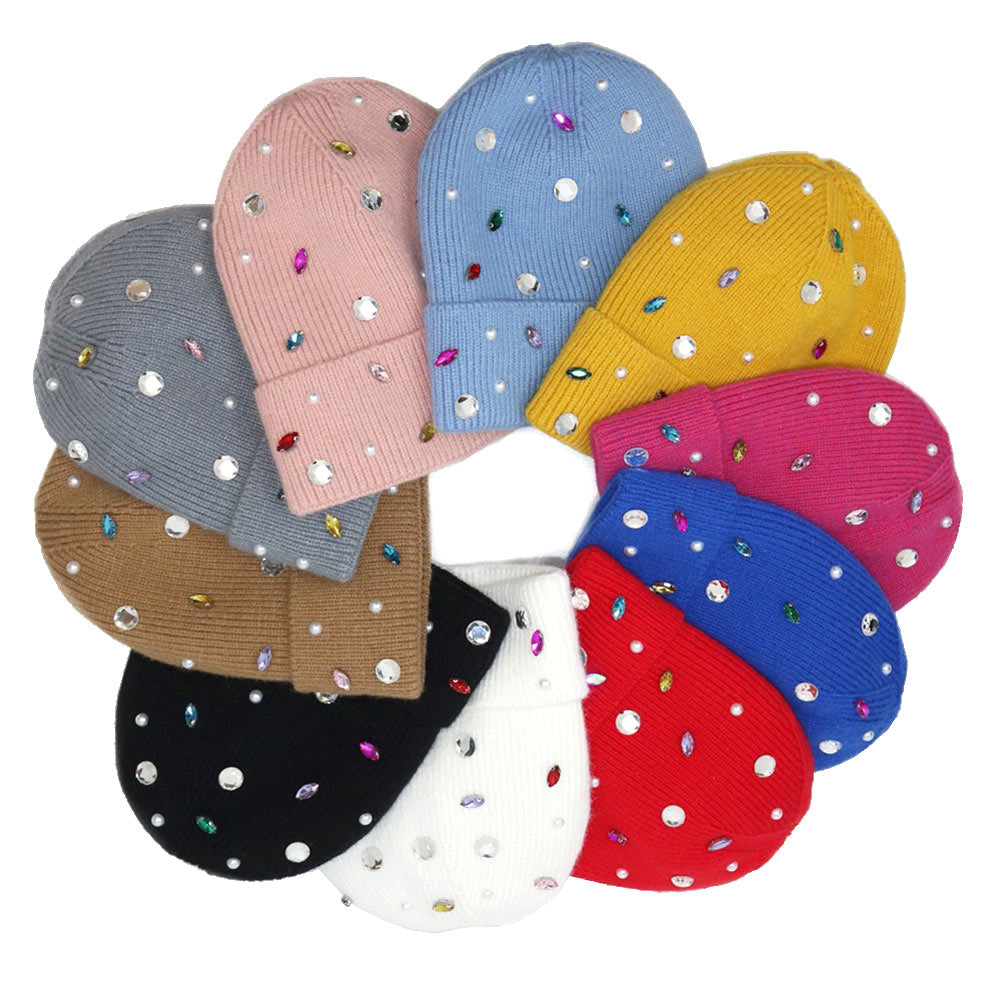 HATEGORY Pearl Jewel Embellished Fleece Lining Knit Beanie Hat
