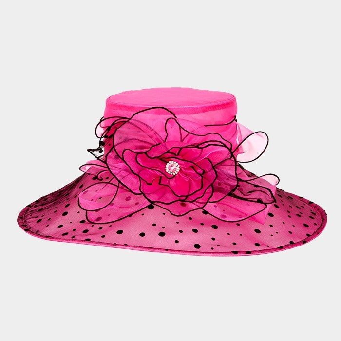 HATEGORY Wide polka dot brim flower organza hat