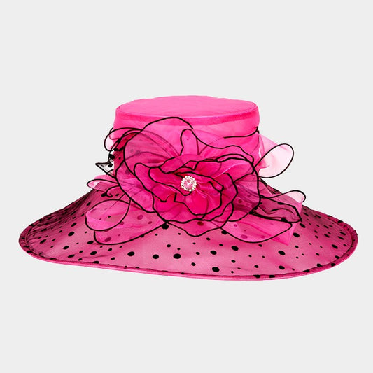 HATEGORY Wide polka dot brim flower organza hat