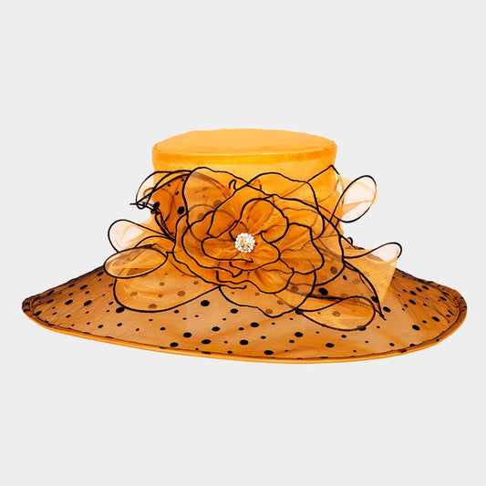 HATEGORY Wide polka dot brim flower organza hat